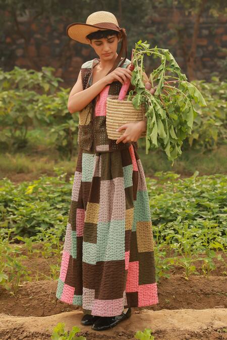 Doodlage_Multi Color Upcycled Cotton Patchwork Multicolor Kantha Maxi Skirt _Online_at_Aza_Fashions