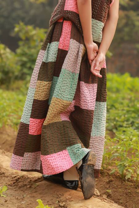 Buy_Doodlage_Multi Color Upcycled Cotton Patchwork Multicolor Kantha Maxi Skirt _Online_at_Aza_Fashions