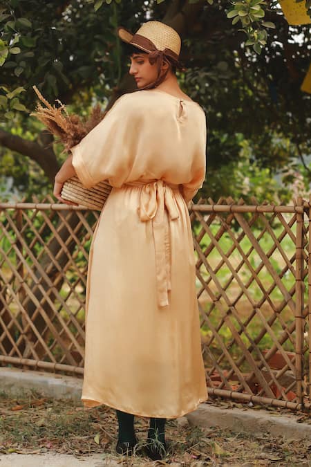 Shop_Doodlage_Beige Bemberg Solid Round Boxy Top And Wrap Skirt Set _at_Aza_Fashions