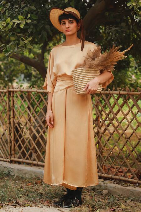Doodlage_Beige Bemberg Solid Round Boxy Top And Wrap Skirt Set _Online_at_Aza_Fashions