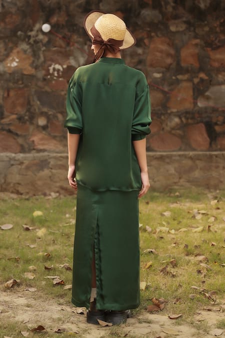 Shop Doodlage Beige Bemberg Solid Shirt Collar Green With Pencil Skirt at Aza Fashions Shop_Doodlage_Beige Bemberg Solid Shirt Collar Green With Pencil Skirt _at_Aza_Fashions