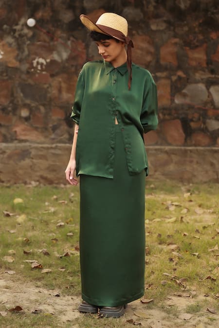 Doodlage Beige Bemberg Solid Shirt Collar Green With Pencil Skirt Online at Aza Fashions Doodlage_Beige Bemberg Solid Shirt Collar Green With Pencil Skirt _Online_at_Aza_Fashions