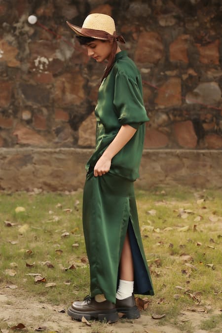 Buy Doodlage Beige Bemberg Solid Shirt Collar Green With Pencil Skirt Online at Aza Fashions Buy_Doodlage_Beige Bemberg Solid Shirt Collar Green With Pencil Skirt _Online_at_Aza_Fashions