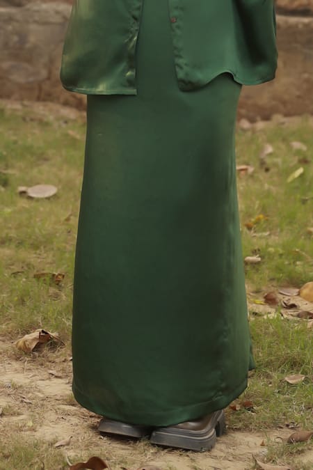 Shop Doodlage Beige Bemberg Solid Shirt Collar Green With Pencil Skirt Online at Aza Fashions Shop_Doodlage_Beige Bemberg Solid Shirt Collar Green With Pencil Skirt _Online_at_Aza_Fashions