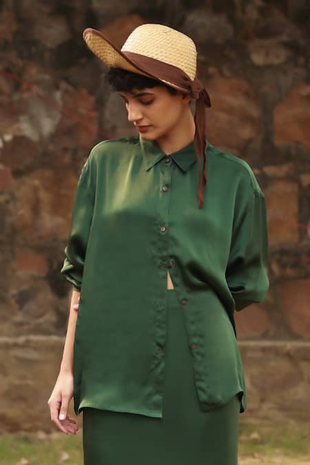 Doodlage Beige Bemberg Solid Shirt Collar Green With Pencil Skirt at Aza Fashions Doodlage_Beige Bemberg Solid Shirt Collar Green With Pencil Skirt _at_Aza_Fashions