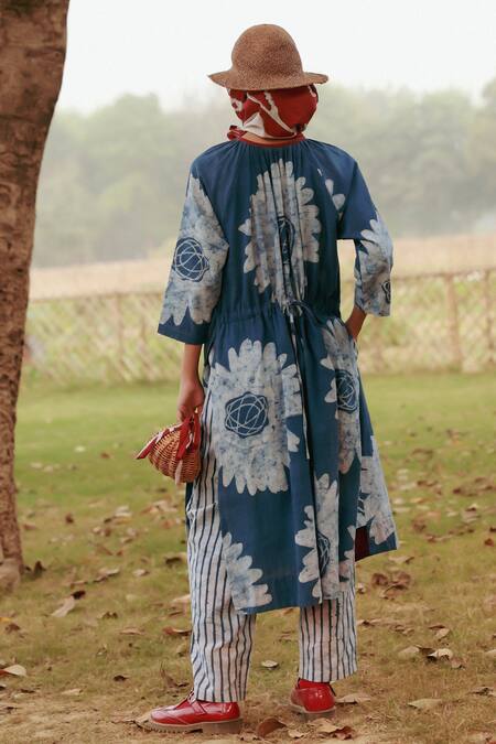 Shop_Doodlage_Blue Cotton Round Neck Batik Floral Tunic And Striped Pant Set _at_Aza_Fashions