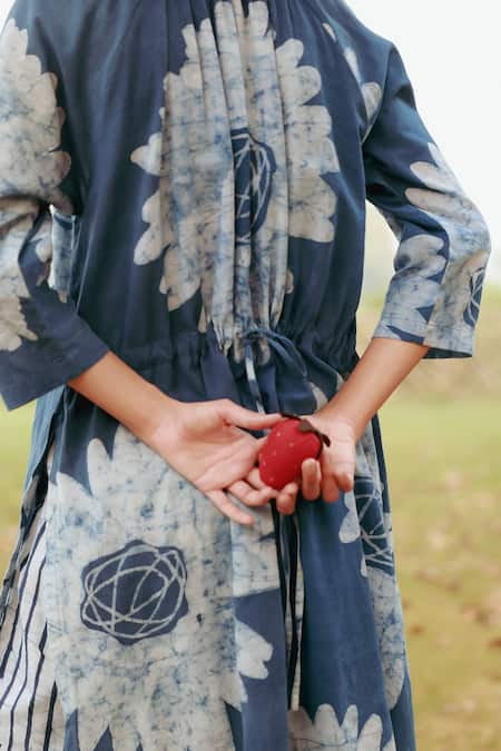 Shop_Doodlage_Blue Cotton Round Neck Batik Floral Tunic And Striped Pant Set _Online_at_Aza_Fashions