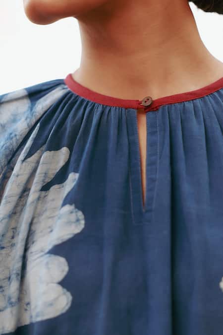 Doodlage Blue Upcycled Cotton Hand Painted Batik Round Floral Tunic at Aza Fashions Doodlage_Blue Upcycled Cotton Hand Painted Batik Round Floral Tunic _at_Aza_Fashions