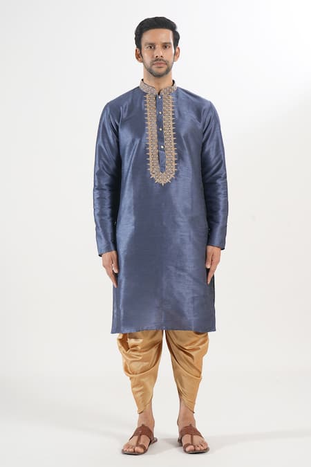 Arihant Rai Sinha_Blue Silk Embroidery Placket Kurta And Patiala Set _Online_at_Aza_Fashions