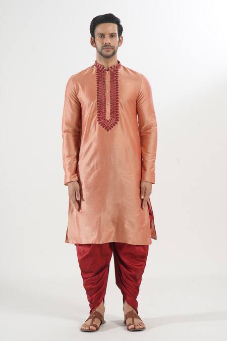 Buy_Arihant Rai Sinha_Coral Polyester, Silk Embroidery Placket Kurta And Patiala Set _Online_at_Aza_Fashions