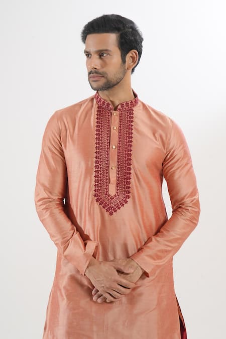 Arihant Rai Sinha_Coral Polyester, Silk Embroidery Placket Kurta And Patiala Set _at_Aza_Fashions