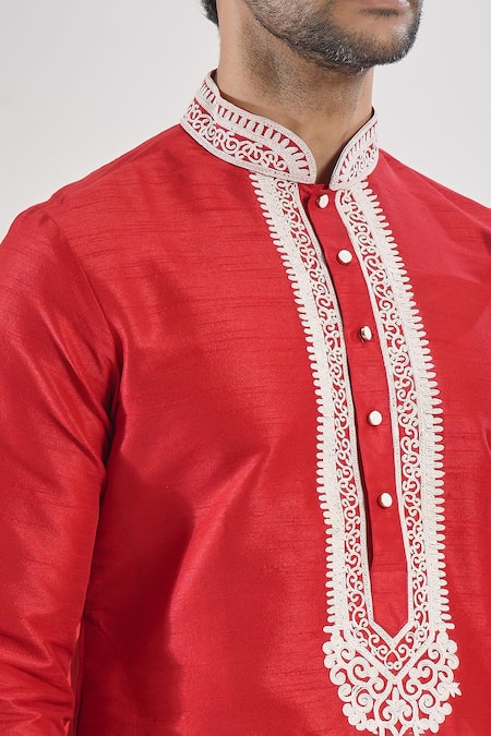 Arihant Rai Sinha_Red Silk, Cotton Embroidery Thread Kurta And Patiala Set _Online_at_Aza_Fashions