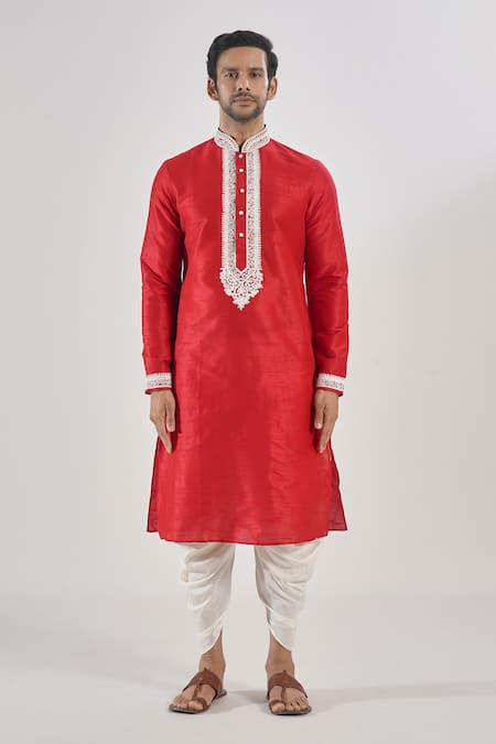 Buy_Arihant Rai Sinha_Red Silk, Cotton Embroidery Thread Kurta And Patiala Set _Online_at_Aza_Fashions