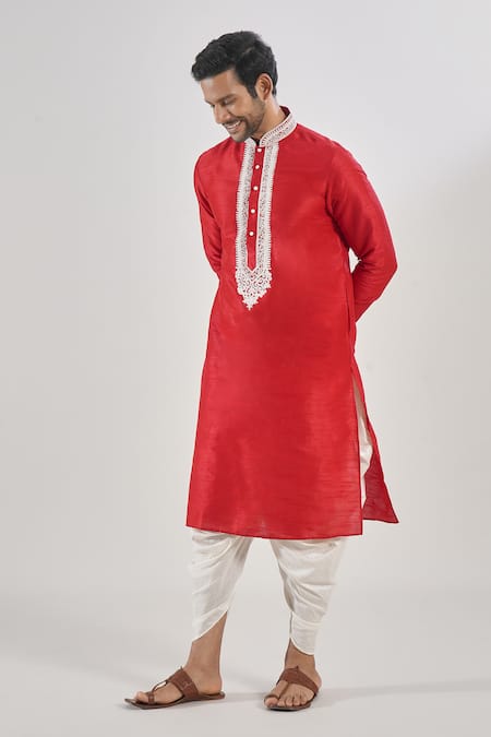 Shop_Arihant Rai Sinha_Red Silk, Cotton Embroidery Thread Kurta And Patiala Set _Online_at_Aza_Fashions