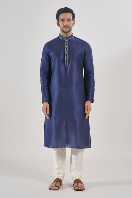 Shop Arihant Rai Sinha Blue Silk Embroidery Navy Thread Work Kurta And Churidar Set Online at Aza Fashions Shop_Arihant Rai Sinha_Blue Silk Embroidery Navy Thread Work Kurta And Churidar Set _Online_at_Aza_Fashions
