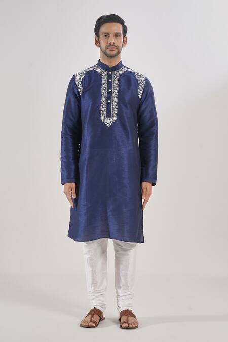 Buy_Arihant Rai Sinha_Blue Silk Embroidery Floral Thread Work Kurta Set _Online_at_Aza_Fashions