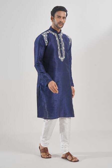 Shop_Arihant Rai Sinha_Blue Silk Embroidery Floral Thread Work Kurta Set _Online_at_Aza_Fashions