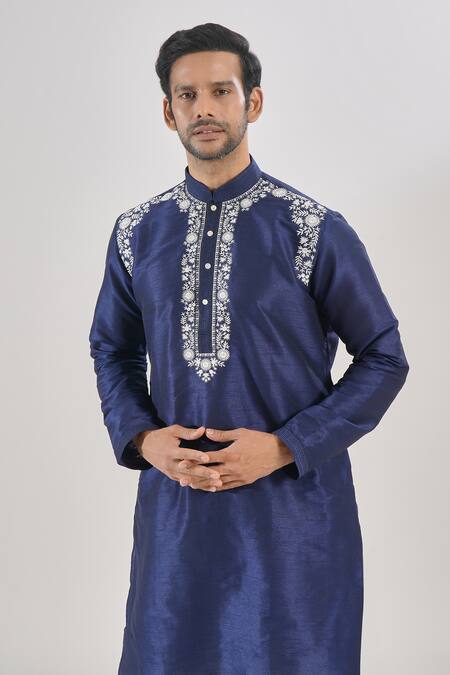 Arihant Rai Sinha_Blue Silk Embroidery Floral Thread Work Kurta Set _at_Aza_Fashions