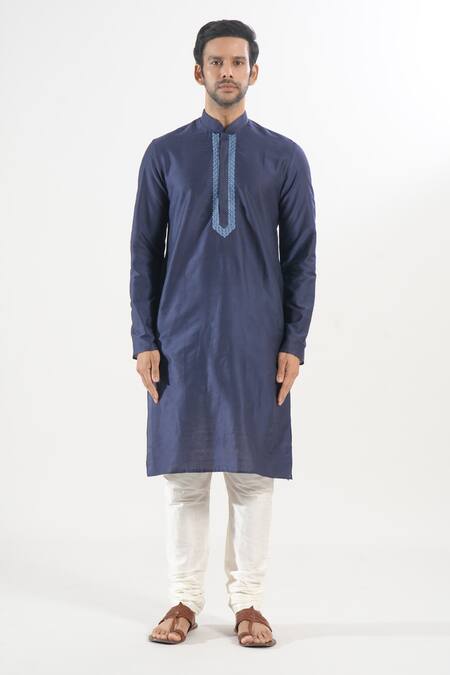 Buy_Arihant Rai Sinha_Blue Polyester, Silk Embroidery Thread Placket Kurta Set _Online_at_Aza_Fashions