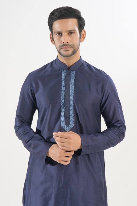 Buy_Arihant Rai Sinha_Blue Polyester, Silk Embroidery Thread Placket Kurta Set 