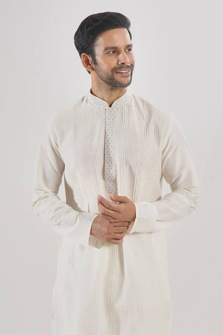 Shop Arihant Rai Sinha Cream Polyester, Silk, Chanderi Beads, Embroidery Pintuck Detailed Kurta Set Online at Aza Fashions Shop_Arihant Rai Sinha_Cream Polyester, Silk, Chanderi Beads, Embroidery Pintuck Detailed Kurta Set _Online_at_Aza_Fashions