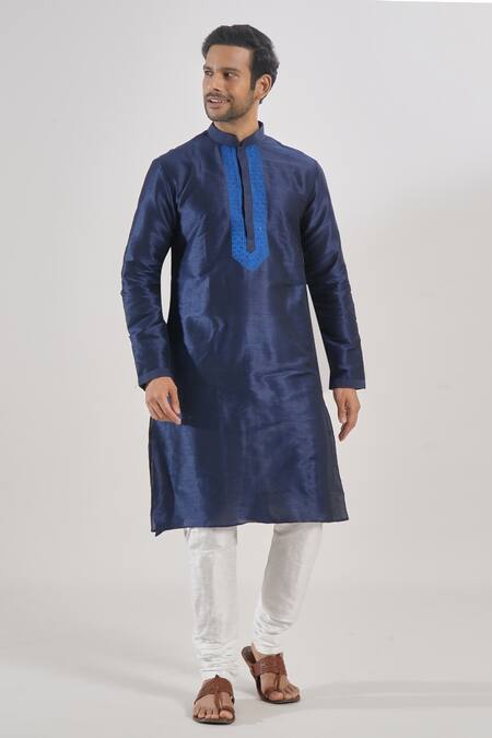 Arihant Rai Sinha Blue Silk Embroidery Navy Thread Kurta Set Online at Aza Fashions Arihant Rai Sinha_Blue Silk Embroidery Navy Thread Kurta Set _Online_at_Aza_Fashions