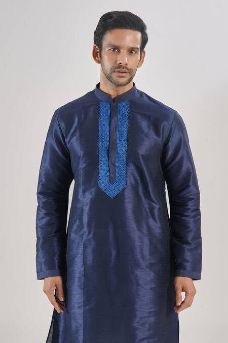Shop Arihant Rai Sinha Blue Silk Embroidery Navy Thread Kurta Set Online at Aza Fashions Shop_Arihant Rai Sinha_Blue Silk Embroidery Navy Thread Kurta Set _Online_at_Aza_Fashions