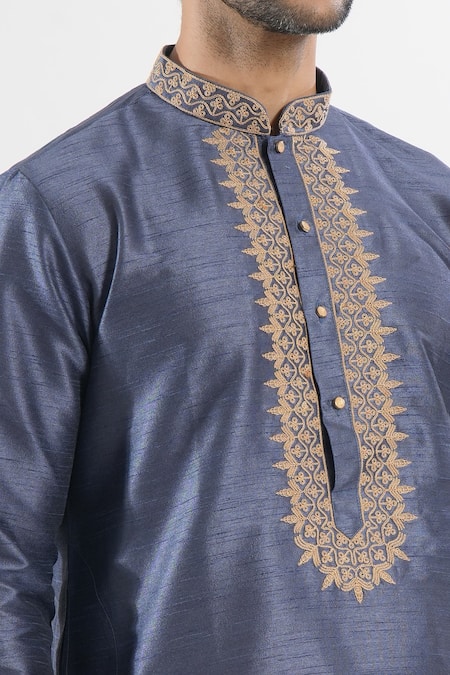Arihant Rai Sinha_Blue Silk Embroidery Floral Kurta And Churidar Set _Online_at_Aza_Fashions