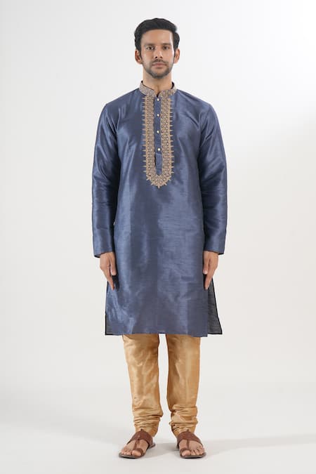 Buy_Arihant Rai Sinha_Blue Silk Embroidery Floral Kurta And Churidar Set _Online_at_Aza_Fashions