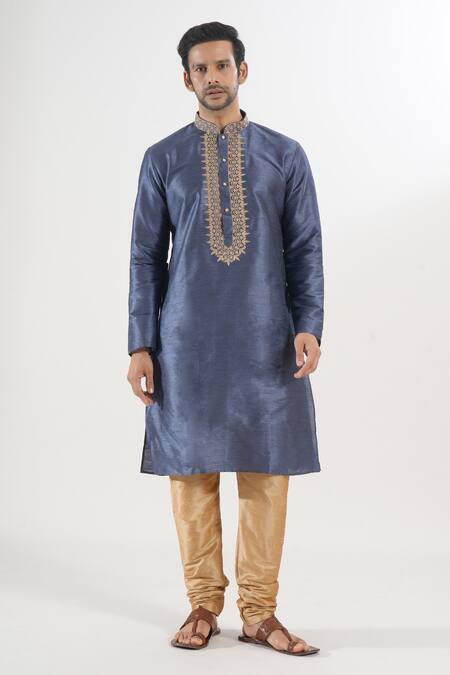 Shop_Arihant Rai Sinha_Blue Silk Embroidery Floral Kurta And Churidar Set _Online_at_Aza_Fashions
