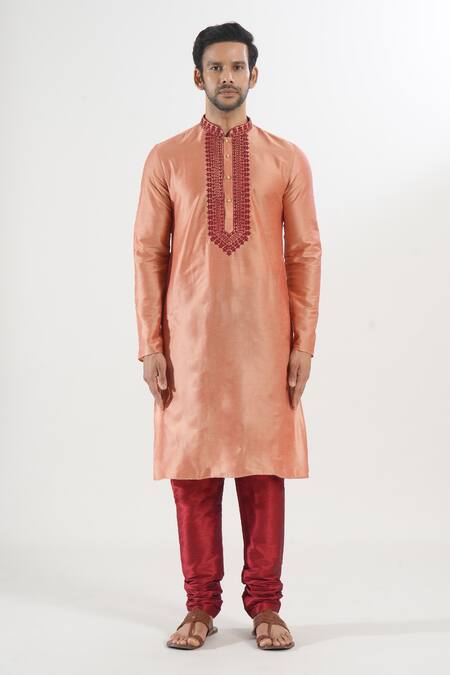 Shop Arihant Rai Sinha Coral Polyester, Chanderi Embroidery Thread Kurta And Churidar Set Online at Aza Fashions Shop_Arihant Rai Sinha_Coral Polyester, Chanderi Embroidery Thread Kurta And Churidar Set _Online_at_Aza_Fashions