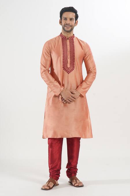 Arihant Rai Sinha Coral Polyester, Chanderi Embroidery Thread Kurta And Churidar Set at Aza Fashions Arihant Rai Sinha_Coral Polyester, Chanderi Embroidery Thread Kurta And Churidar Set _at_Aza_Fashions