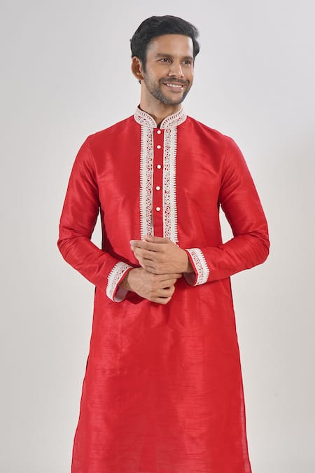 Arihant Rai Sinha_Red Silk Embroidery Kurta Set With Churidar _Online_at_Aza_Fashions