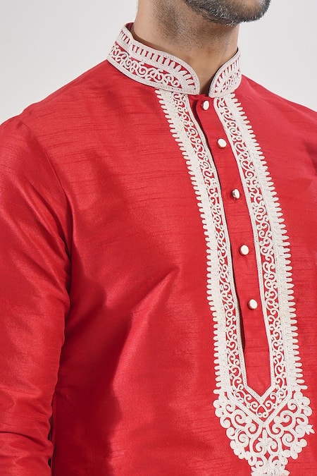 Buy_Arihant Rai Sinha_Red Silk Embroidery Kurta Set With Churidar _Online_at_Aza_Fashions