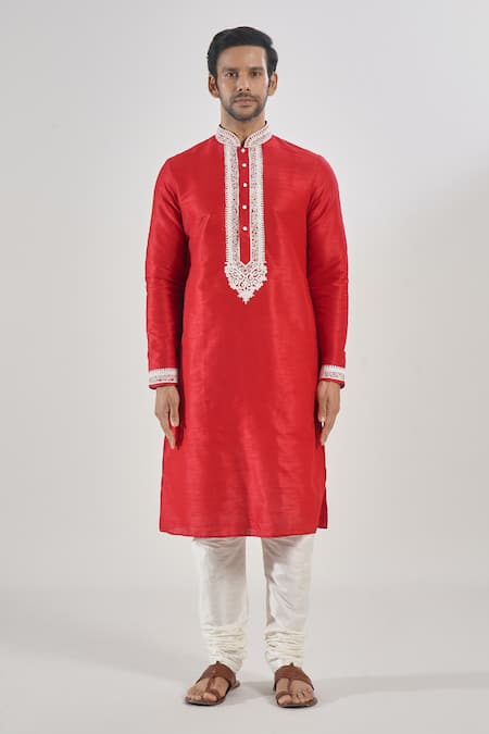 Shop_Arihant Rai Sinha_Red Silk Embroidery Kurta Set With Churidar _Online_at_Aza_Fashions