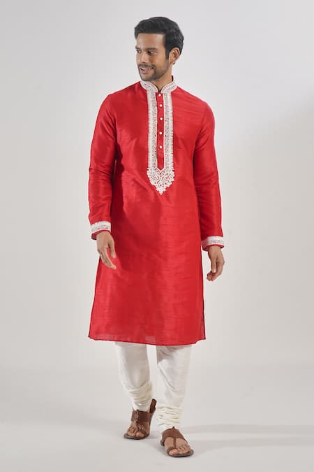 Arihant Rai Sinha_Red Silk Embroidery Kurta Set With Churidar _at_Aza_Fashions
