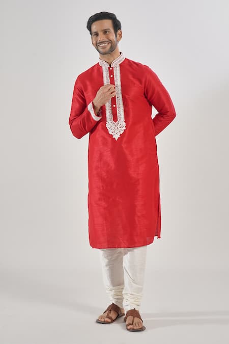 Buy_Arihant Rai Sinha_Red Silk Embroidery Kurta Set With Churidar 