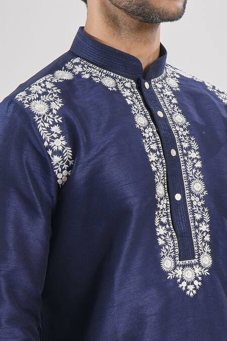 Arihant Rai Sinha_Blue Polyester, Acrylic Embroidery Floral Thread Work Kurta Set _Online_at_Aza_Fashions
