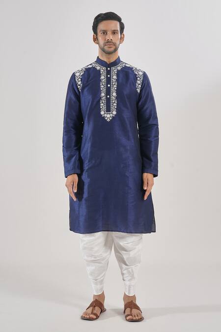 Buy_Arihant Rai Sinha_Blue Polyester, Acrylic Embroidery Floral Thread Work Kurta Set _Online_at_Aza_Fashions