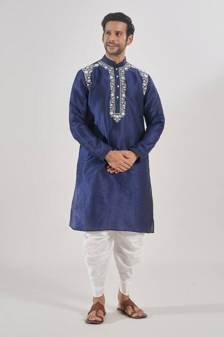 Shop_Arihant Rai Sinha_Blue Polyester, Acrylic Embroidery Floral Thread Work Kurta Set _Online_at_Aza_Fashions