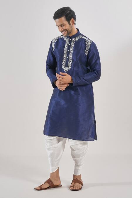 Arihant Rai Sinha_Blue Polyester, Acrylic Embroidery Floral Thread Work Kurta Set _at_Aza_Fashions