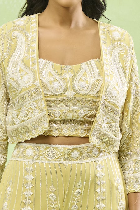 Shop_Samyukta Singhania_Yellow Georgette Sequins, Cut Work, Beads Paisley Embroidered Sharara Set _Online_at_Aza_Fashions