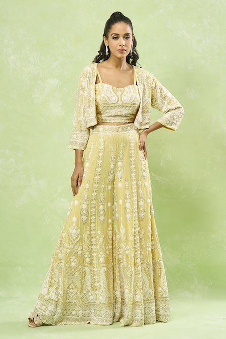 Buy_Samyukta Singhania_Yellow Georgette Sequins, Cut Work, Beads Paisley Embroidered Sharara Set 