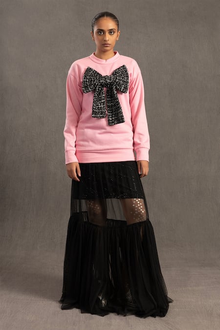 POOJA SHROFF Knit Tweed Bow Sweatshirt 