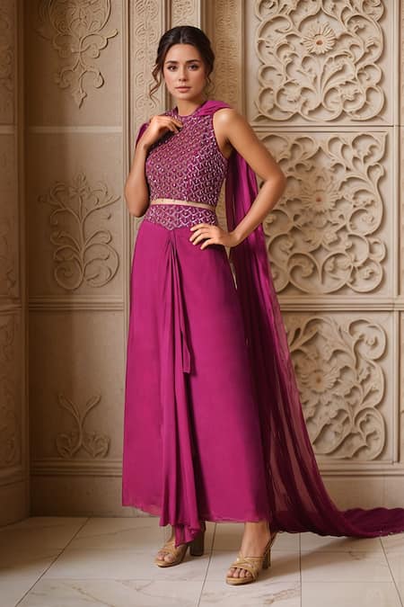 Samyukta Singhania Sequin & Crystal Bead Jaal Embroidered Blouse With Draped Skirt 