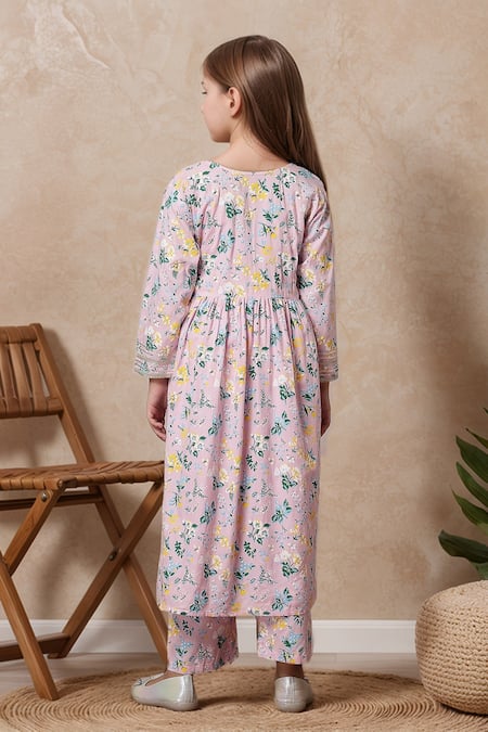 Shop Petite Pomme Pink Cotton Embroidery Floral Print Anarkali And Trouser Set at Aza Fashions Shop_Petite Pomme_Pink Cotton Embroidery Floral Print Anarkali And Trouser Set _at_Aza_Fashions