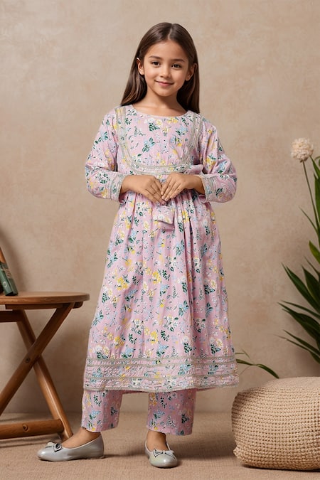 Petite Pomme Pink Cotton Embroidery Floral Print Anarkali And Trouser Set Online at Aza Fashions Petite Pomme_Pink Cotton Embroidery Floral Print Anarkali And Trouser Set _Online_at_Aza_Fashions