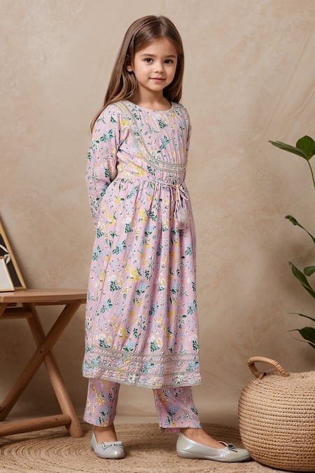 Shop Petite Pomme Pink Cotton Embroidery Floral Print Anarkali And Trouser Set Online at Aza Fashions Shop_Petite Pomme_Pink Cotton Embroidery Floral Print Anarkali And Trouser Set _Online_at_Aza_Fashions