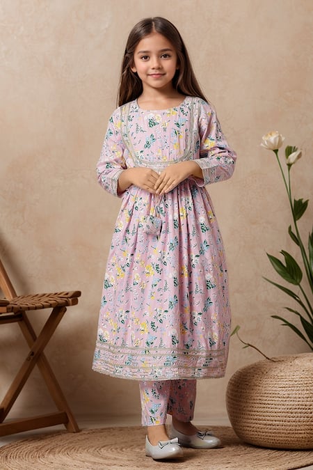Buy Petite Pomme Pink Cotton Embroidery Floral Print Anarkali And Trouser Set Buy_Petite Pomme_Pink Cotton Embroidery Floral Print Anarkali And Trouser Set
