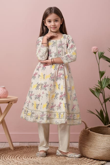 Petite Pomme Cream Cotton Embroidery, Lace Floral Print Yoke Anarkali And Trouser Set Online at Aza Fashions Petite Pomme_Cream Cotton Embroidery, Lace Floral Print Yoke Anarkali And Trouser Set _Online_at_Aza_Fashions